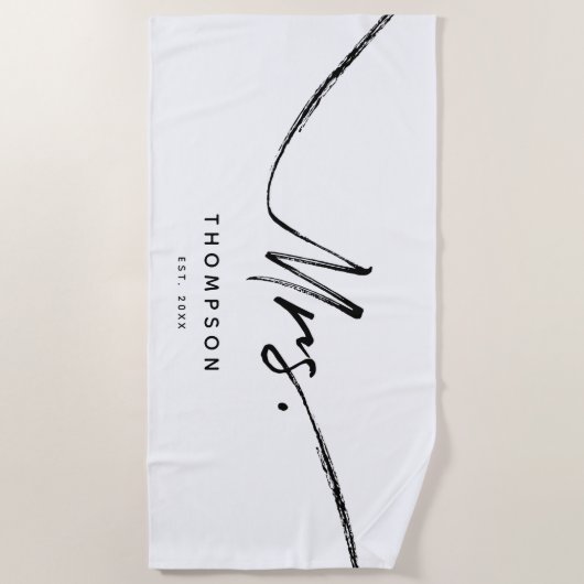 Mrs Custom Modern Black White Minimalist Script Strandlaken (Voorkant)