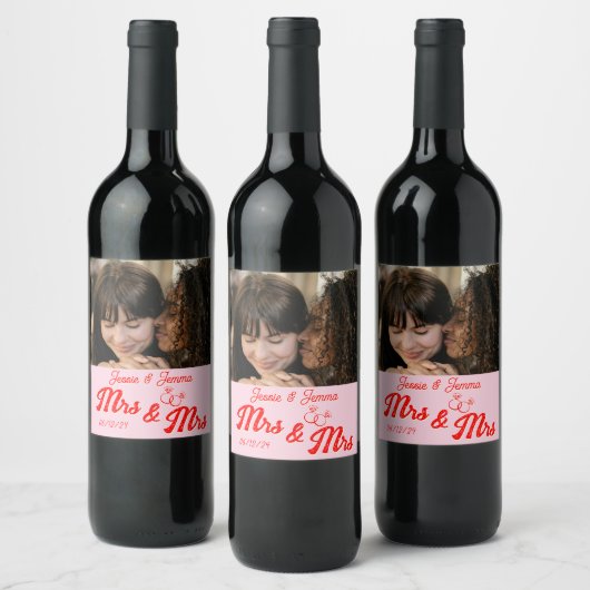 Mrs & Mrs Schattige Lesbisch Foto Bruiloft Dank u Wijn Etiket (Flessen)