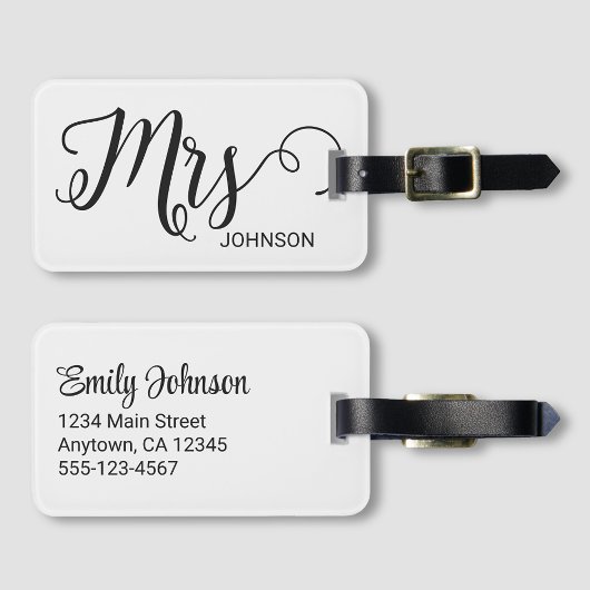 Mrs Personalized Elegant Script Bride Name White Bagagelabel
