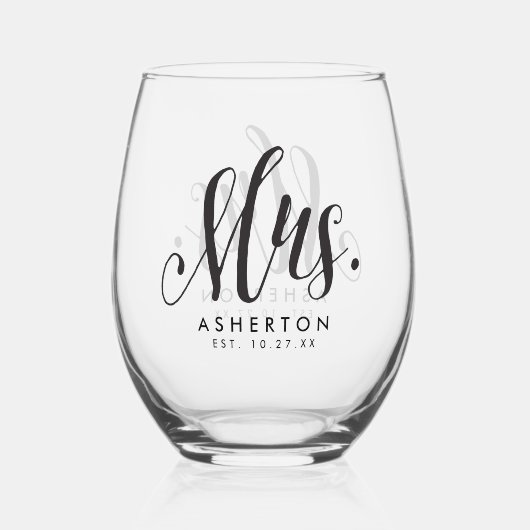 Mrs script gepersonaliseerd pasgetrouwde bruid wijnglas zonder voet (Voorkant)