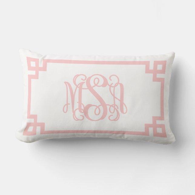 MSA Light Pink Greek Key Script Monogram Kussen (Voorkant)