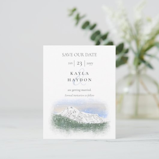 Mt Rainier, Falling Snow Wedding Save the Date Kaart (Staand voorkant)