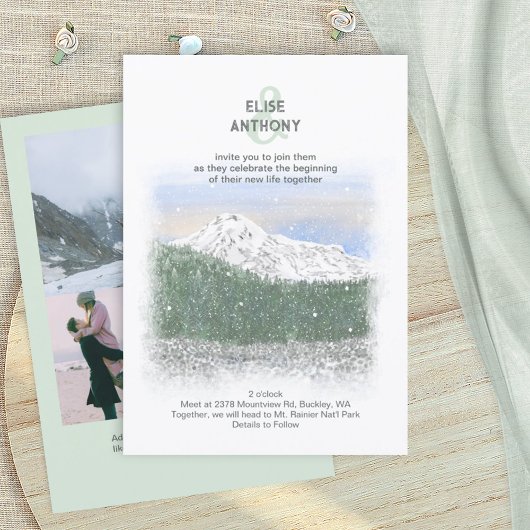 Mt. Rainier, Falling Snow, Winter Green Wedding Kaart