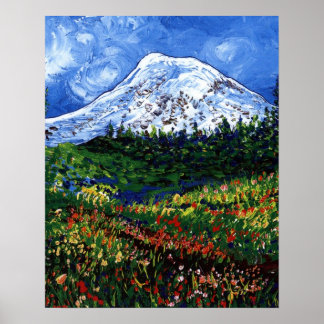 Mt Rainier met bloemen Poster