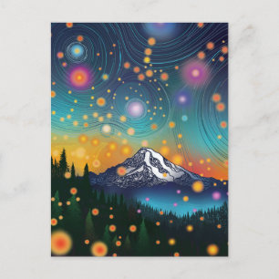 Mt. Rainier w Evening Sterrenhemel en vuurvliegjes Feestdagenkaart