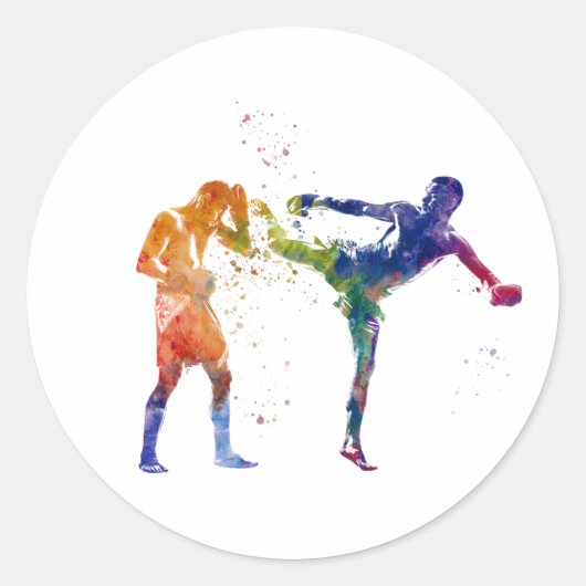 Muay thai in waterverf ronde sticker (Voorkant)