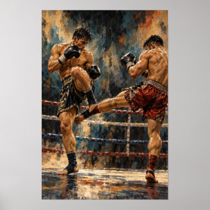 Muay Thai Kickboksen Gevecht Expressieve Olie Schi Poster