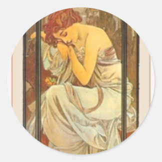 Mucha art deco poster lady vrouw lange jurk ronde sticker