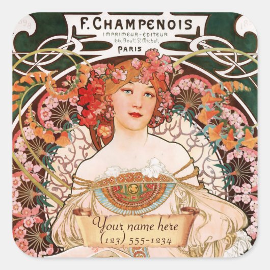 Mucha Art Nouveau Bookplate-Stickers Vierkante Sticker (Voorkant)