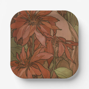 Mucha Art Nouveau Rode Poinsettia Bloempatroon Papieren Bordje