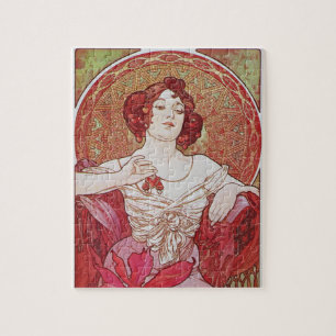 Mucha Art Nouveau Vintage Rode Elegante Robijn Dam Legpuzzel