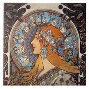Mucha Art Nouveau Woman  Franse Zodiac Post Tegeltje