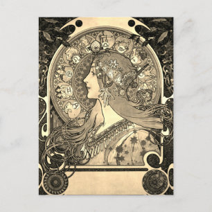 Mucha Art Nouveau Woman  Zodiac La Pluma Uitnodiging Briefkaart