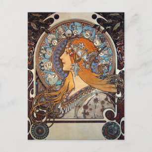 Mucha Retro Art Nouveau Vrouw  Zodiac Pluma Briefkaart
