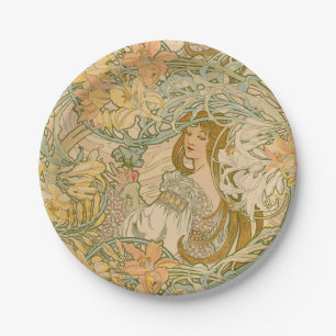 Mucha Taal van Bloemen Lelies Art Nouveau Papieren Bordje