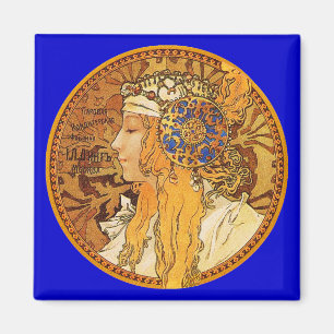 Mucha - Vrouw met juwelen - kunst Magneet
