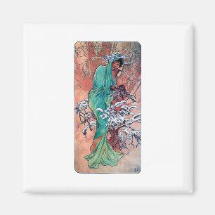 Mucha Winter art nouveau lady sparrows vogels Magneet