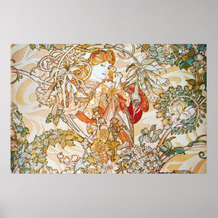Mucha Woman met een Daisy Art Nouveau Poster Print