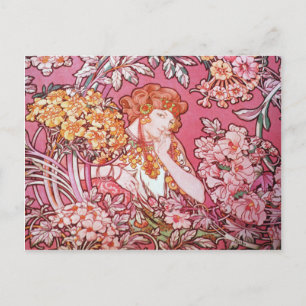 Mucha Woman onder Flowers Art Nouveau Briefkaarten