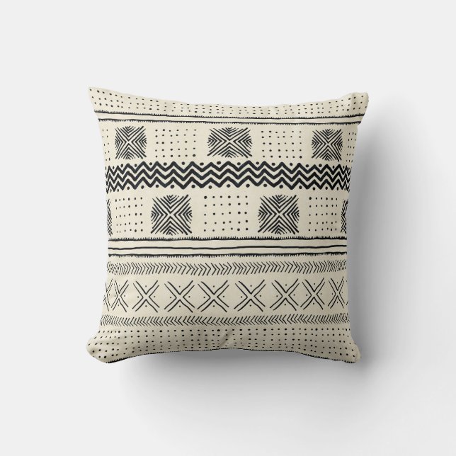 Mud Cloth Geometric Stripe Black en Cream Kussen (Voorkant)