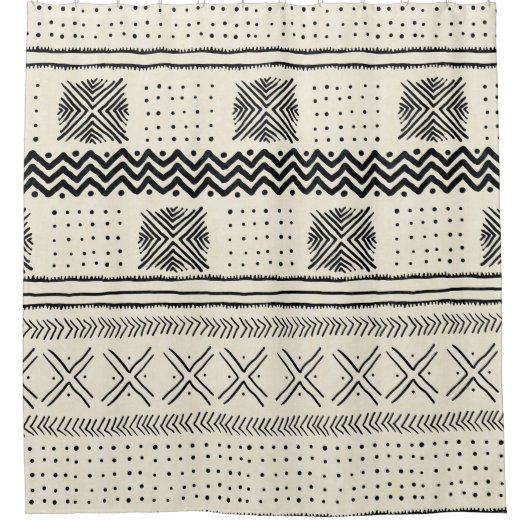 Mud Cloth Geometric Stripe in Black en Cream Douchegordijn (Voorkant)