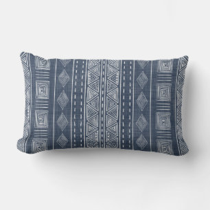 Mudcloth Style Navy Blue en White Tribal Pattern Buitenkussen