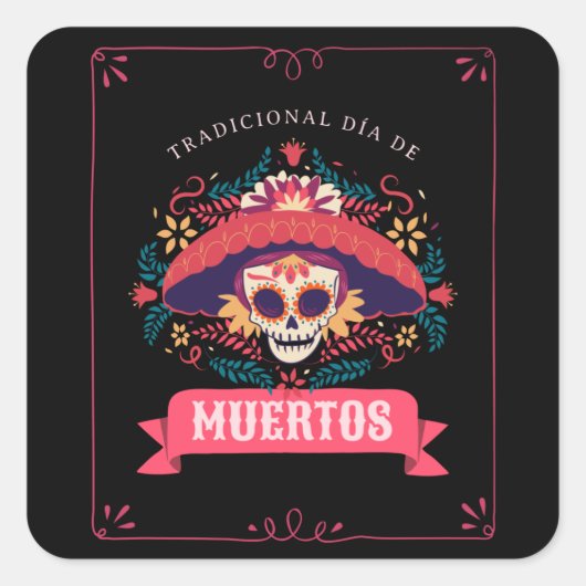 Muertos Skull Day of the Dead Vierkante Sticker (Voorkant)