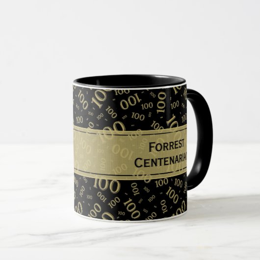Mug 100e anniversaire Noir & Or Motif nombre aléatoire (Devant droit)