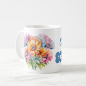 Mug 100e anniversaire nom gerbera fleurs bleu (Devant gauche)