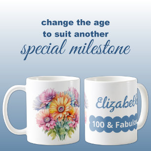 Mug 100e anniversaire nom gerbera fleurs bleu