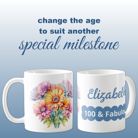 Mug 100e anniversaire nom gerbera fleurs bleu