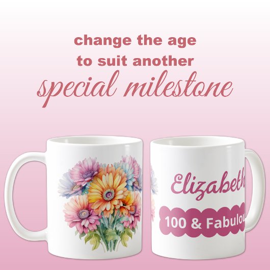 Mug 100e anniversaire nom gerbera fleurs rose