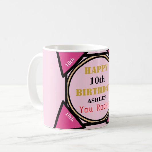 Mug 10e anniversaire fille rose or (Devant gauche)