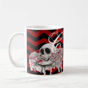 Mug  11 Oz. Café Mugskull Rose goth Chevron noir rouge