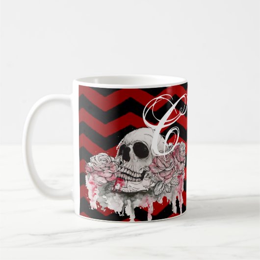 Mug 11 Oz. Café Mugskull Rose goth Chevron noir rouge (Gauche)