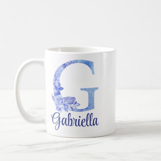 Mug 11 oz Monogramme Aquarelle Bleus et Floral (Gauche)