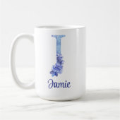 Mug 15 oz Monogrammé Aquarelle Bleus et Floral (Gauche)
