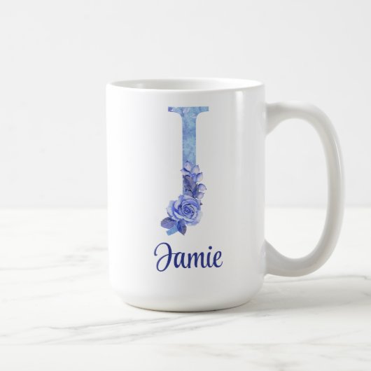 Mug 15 oz Monogrammé Aquarelle Bleus et Floral (Droite)
