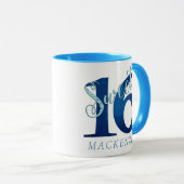 Mug 16 ans | Aquarelle bleue et Faux Parties scintilla (Devant droit)