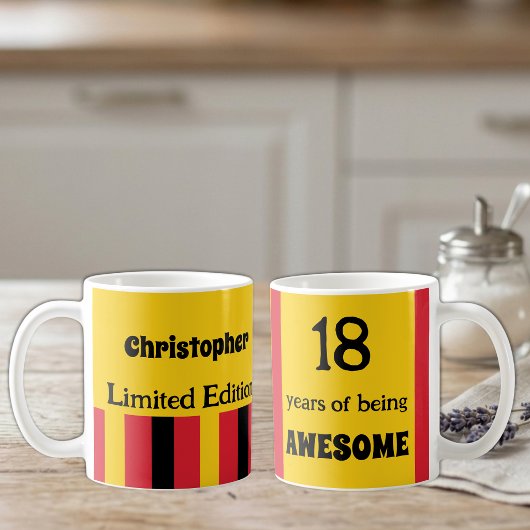 Mug 18 ans d'être génial nom jaune rouge