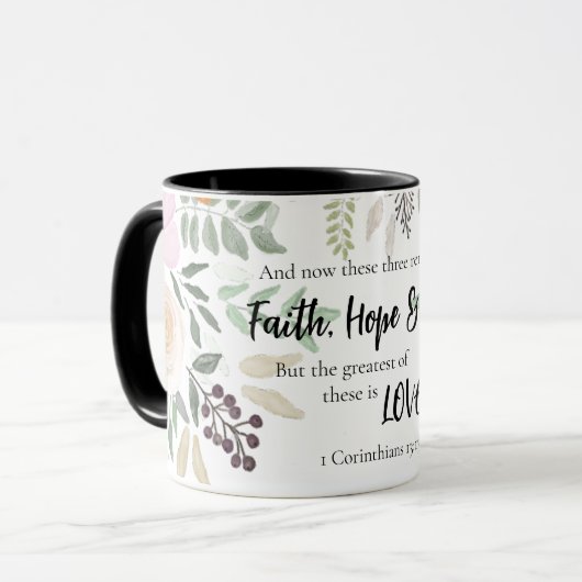 Mug 1 Corinthiens 13:13 Foi Espoir Aimer Floral Noir (Devant gauche)