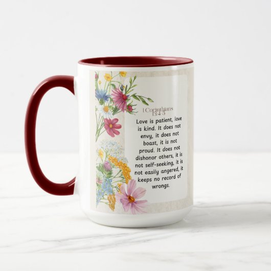 Mug 1 Corinthiens 13:4-5 Conception aquarelle apaisant (Gauche)