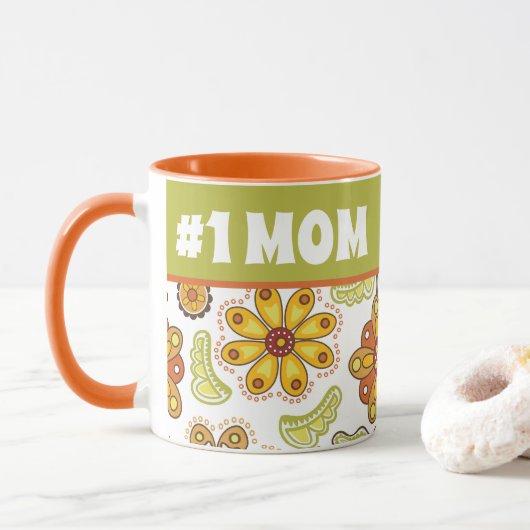 Mug #1 MOM - Fleur Rétro Orange Vert Numéro Une Mère (Avec donut)