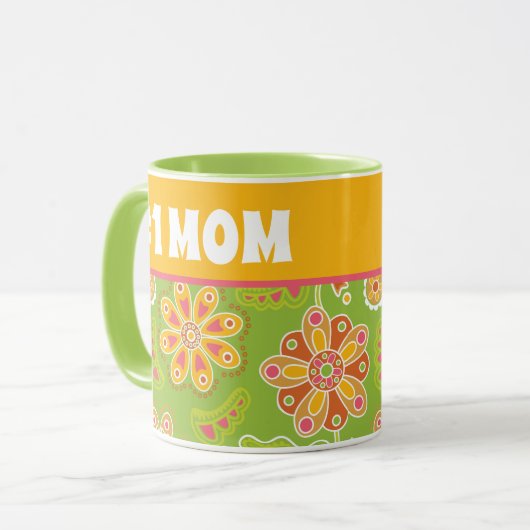 Mug #1 MOM - Vert Fleur Rétro Jaune Numéro Un Maman (Devant gauche)