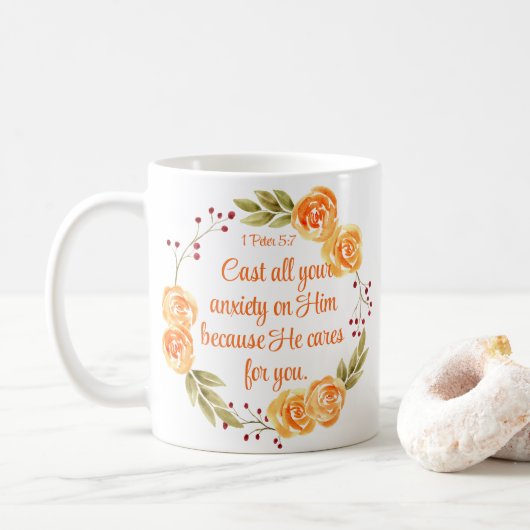 Mug 1 Pierre 5:7 Écriture Biblique Florale Orange (Avec donut)