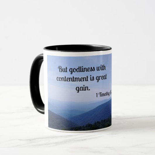Mug 1 Timothée 6:6 Mais la piété avec le contentement (Devant gauche)