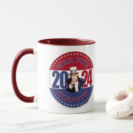 Mug 2024 Rouge et Bleu Votre Vote Compte Oncle Sam (Avec donut)