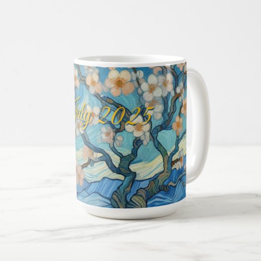 Mug 21e Anniversaire crème bleu fleur amande (Devant droit)