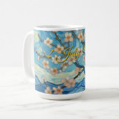 Mug 21e Anniversaire crème bleu fleur amande (Devant gauche)