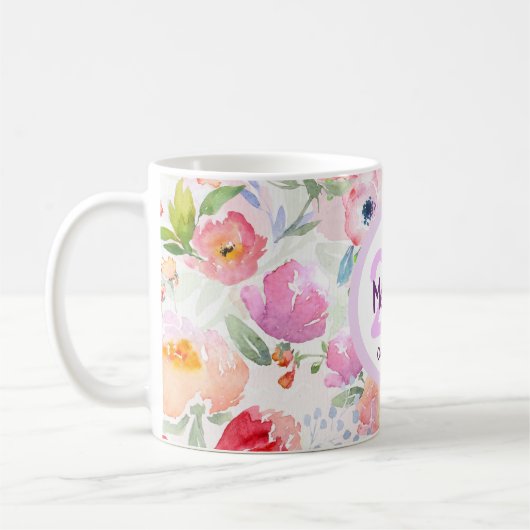 Mug 21e anniversaire fleurons roses nom (Gauche)